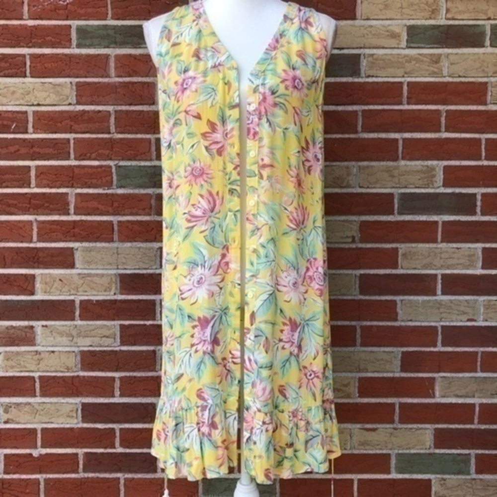 NWT LOFT Beach Floral Tassel Tie Button Down Sheer Yellow Pink Cover Up 🏖️